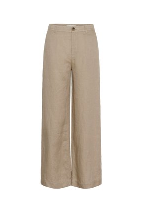 Beige Leinen-Hosen mit weitem Beinschnitt, Knopfverschluss, flachem Vorderteil und subtiler Textur. Die Beine haben eine lockere Passform für Komfort und Bewegungsfreiheit.