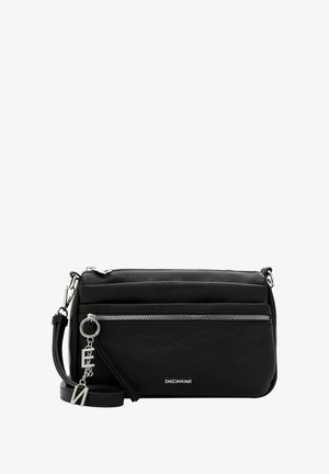Black leather crossbody bag with silver hardware, featuring a front zipper pocket, adjustable strap, and a decorative charm attached.