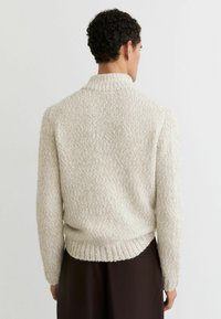 Svetlo bež pleten pulover z teksturirano obdelavo, z rebrastim robom in ovratnikom ter dolgimi rokavi, pogled od zadaj.