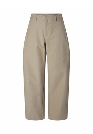 Pantalon beige à jambes larges avec passants de ceinture, poche latérale et fermeture éclair à l'avant, présenté sur un fond blanc.