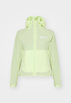 Lichte, waterdichte jas in neonlimoengroen. Voorzien van een volledige rits, verstelbare capuchon en soepel synthetisch materiaal. Logo op de bovenste linkerzijde.