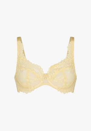 Reggiseno giallo in pizzo con ferretto, motivi floreali e spalline regolabili su sfondo bianco.
