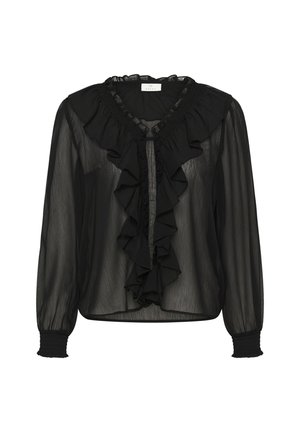 Blusa nera trasparente con maniche lunghe, parte anteriore e scollatura arricciate, polsini elasticizzati e vestibilità ampia. Tessuto leggero e testurizzato.