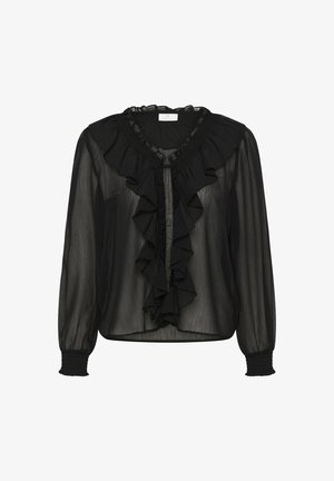 Zwarte sheer blouse met lange mouwen, gerimpelde voorkant en halslijn, elastische manchetten en een losse pasvorm. Lichtgewicht, textuurstof.