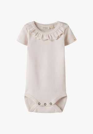 Body de bebé rosa con mangas cortas, cuello con volantes y tres botones a presión en la entrepierna, tejido de algodón suave, talla 4-6 meses.