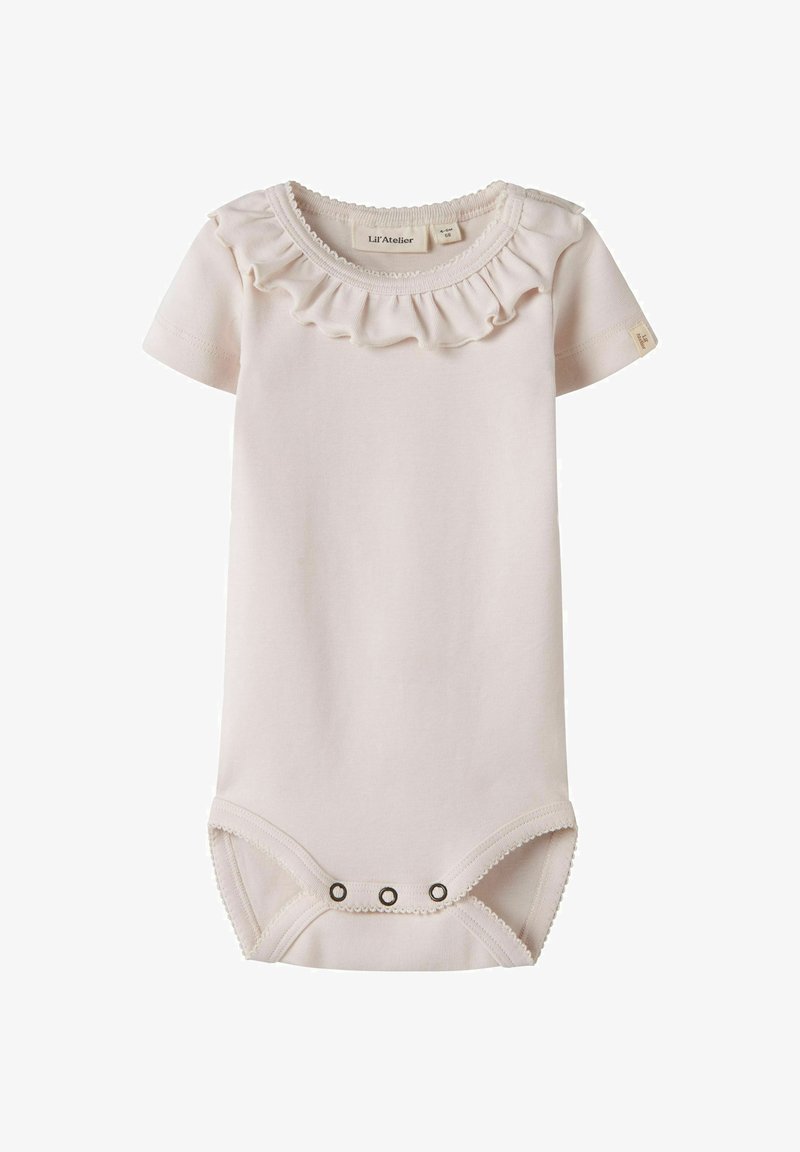 Body bébé rose à manches courtes avec col à volants et trois boutons-pression à l'entrejambe, tissu en coton doux, taille 4-6 mois.