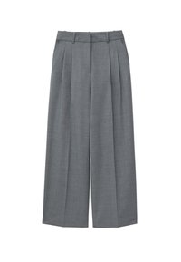 Gray, pleated wide-leg trousers with a smooth texture, a tailored waistband, and no visible hardware. Designed for a relaxed fit.