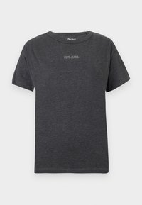 Sötétszürke, rövid ujjú póló, középen, a mellrészen, kis fehér betűkkel "PEPE JEANS" felirattal és kerek nyakkivágással.