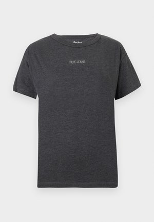 Dark gray short-sleeve t-shirt with "PEPE JEANS" text in small white letters centered on the chest and round neckline.