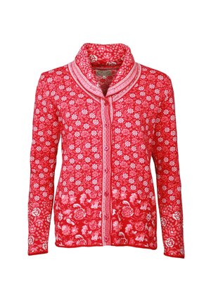 Rote Strickjacke mit floralem Muster, langen Ärmeln, einem Schalkragen und Knopfverschluss. Besitzt eine Kombination aus kleinen Blumen und größeren Rosen.