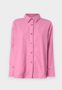 Pink button-up shirt made of soft fabric. Features a classic collar, long sleeves, and five buttons down the front.