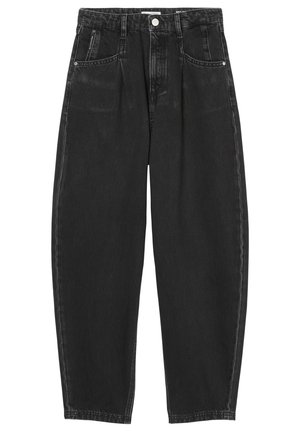 Schwarze, hoch taillierte Jeans mit entspanntem Schnitt, vorderen Falten, Reißverschluss, Knopfverschluss und Fünf-Taschen-Design.