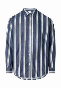 Skjorta med lång ärm och knappar, i blå och vita vertikala ränder, spetsig krage och vita knappar, Wrangler-märke inne i kragen.