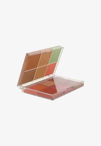 Palette mit klarem Kunststoffgehäuse, das acht Cremetöne in warmen Farbtönen enthält, darunter Brauntöne, Rottöne und einen grünen Akzent.