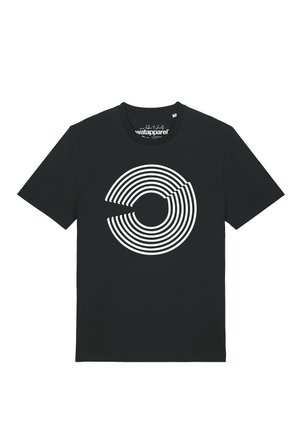Black short-sleeve t-shirt with a white circular line pattern broken on one side on the front center.