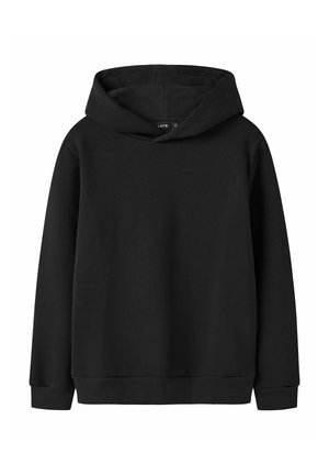 Schwarzer Kapuzenpullover aus weichem Stoff, mit lockerem Schnitt, langen Ärmeln und gerippten Bündchen und Saum. Keine sichtbaren Muster oder Verzierungen.