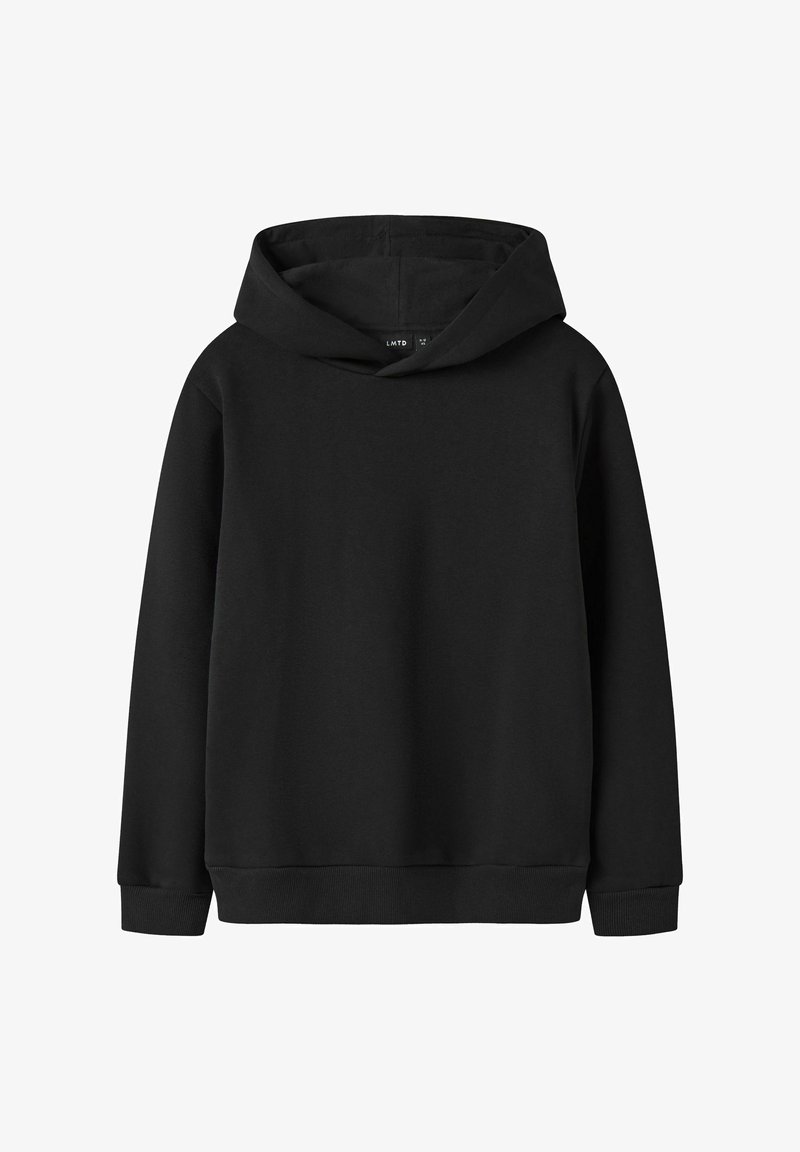 Schwarzer Kapuzenpullover aus weichem Stoff, mit lockerem Schnitt, langen Ärmeln und gerippten Bündchen und Saum. Keine sichtbaren Muster oder Verzierungen.