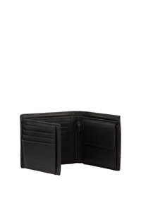 Portefeuille en cuir noir avec plusieurs emplacements pour cartes, une section zippée et une poche à pièces à bouton-pression. Texture lisse, design bifold classique.