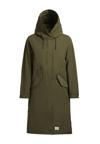 Manteau long vert olive avec capuche, en tissu léger. Possède de grandes poches avant et une fermeture éclair centrale. Fini texturé.