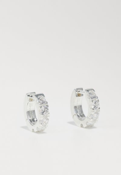 Boucles d'oreilles en argent en forme de créoles avec une rangée de cristaux ronds et transparents d'un côté. Forme arrondie, surface métallique lisse et design de fermoir sécurisé.