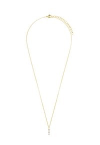 Gouden ketting met een delicate schakel en een hangertje met vier heldere edelstenen in een verticale lijn. Verstelbare sluiting.