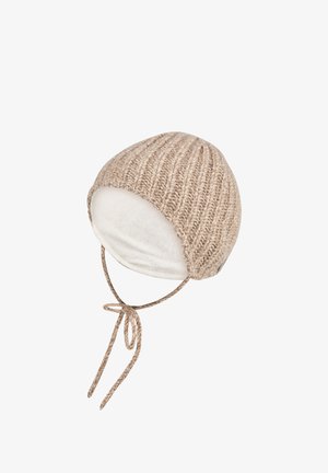 Knit beige hat with a soft white lining, ribbed texture, and adjustable ties for secure fit. Features rounded top and ear coverage.
