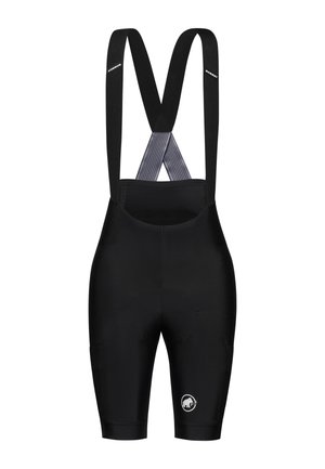 Salopette da ciclismo nera con bretelle elastiche, cuscinetto imbottito per la sella e dettaglio del logo. Tessuto liscio e elasticizzato. Senza tasche visibili.