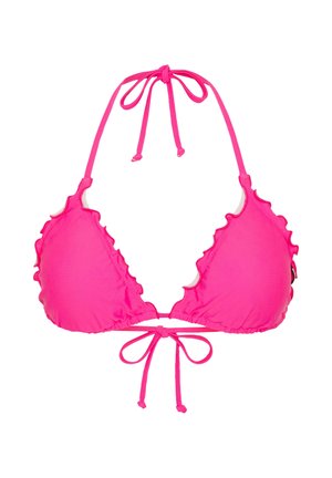 Pink bikini top with triangular cups featuring ruffled edges, adjustable ties at the neck and back, and a smooth, stretchy fabric.