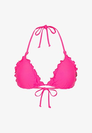Pink bikini top with triangular cups featuring ruffled edges, adjustable ties at the neck and back, and a smooth, stretchy fabric.
