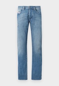 Svetlo modre kavbojke iz jeansa s ravnimi hlačnicami, z zapenjanjem na gumbe, petimi žepi in subtilnimi šivi na zadnjih žepih.