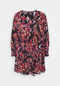 Blumenmusterkleid mit langen Ärmeln, tiefem V-Ausschnitt und geraffter Taille. Hat einen schwarzen Hintergrund mit lebhaften roten, rosa und orangefarbenen Blättern.