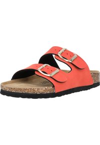 Sandales en cuir orange avec deux sangles réglables à boucle, semelle en liège, semelle en caoutchouc noir et texture lisse.