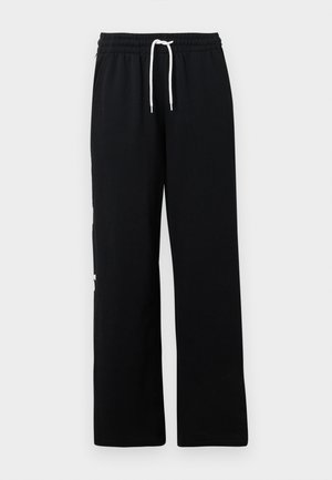 Black sweatpants made of soft cotton, featuring an elastic waistband with a white drawstring and a loose fit. No notable patterns or accents.