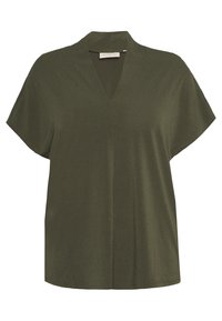 Oliivivihreä lyhythihainen paita V-päätteen kanssa. Silkkinen kangas, rento istuvuus ja hieman kaareva helma. Minimalistinen muotoilu, ilman kuvioita tai koristeita.