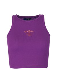 Purple ribbed crop top featuring a round neckline and orange embroidered text that says "NASSAU IBIZA BEACH CLUB 2008."