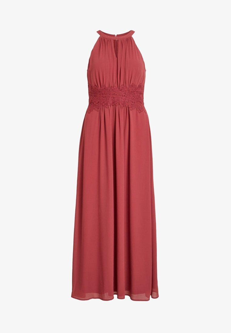 Sukienka maxi w kolorze przybrudzonego różu, z halter neck, plisowanym korpusem, koronkowymi detalami w talii oraz zwiewnym dołem z lekkiego materiału.