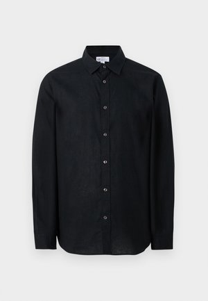 Svart, langermet skjorte med knapper og krage, lagt flatt mot en hvit bakgrunn.