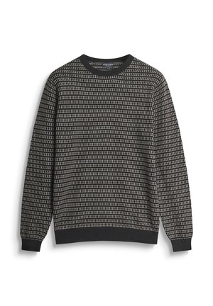 Knitted sweater in black with a geometric pattern in gray. Features a round neck and long sleeves with ribbed cuffs and hem.