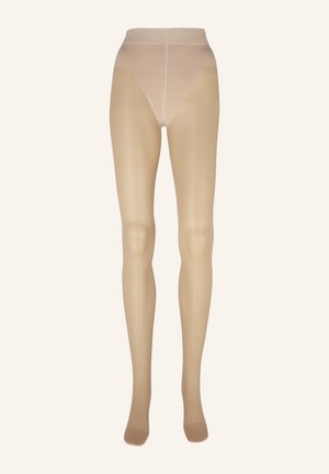 Hautfarbene, transparente Strumpfhosen mit hohem Bund, glatter Textur und nahtlosem Design. Sie verfügen über eine geschlossene Spitze und wirken leicht.