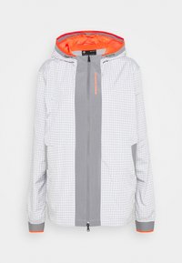 Veste légère blanche avec motif en grille gris, accents orange et fermeture éclair à l'avant. Comprend une capuche et des poignets élastiques.