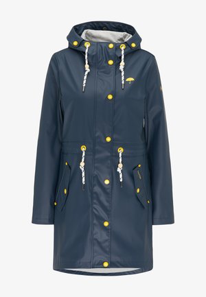 Námořnický vodotěsný plášť s kapucí, žlutými akcenty, stahovací šňůrkou, patentkami a bočními kapsami, se hladkým povrchem.