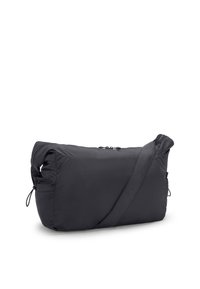 Borsa a spalla nera in nylon con texture imbottita, apertura superiore con zip, tracolla regolabile e dettagli laterali per la regolazione della forma.