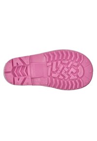 Semelle en caoutchouc rose avec un motif de semelle texturé, incluant des designs en zigzag et circulaires pour une meilleure adhérence et traction.