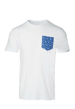 T-shirt bianco a maniche corte con una tasca sul petto a motivo blu che presenta disegni di stelle marine. Realizzato in tessuto leggero con colletto rotondo classico.