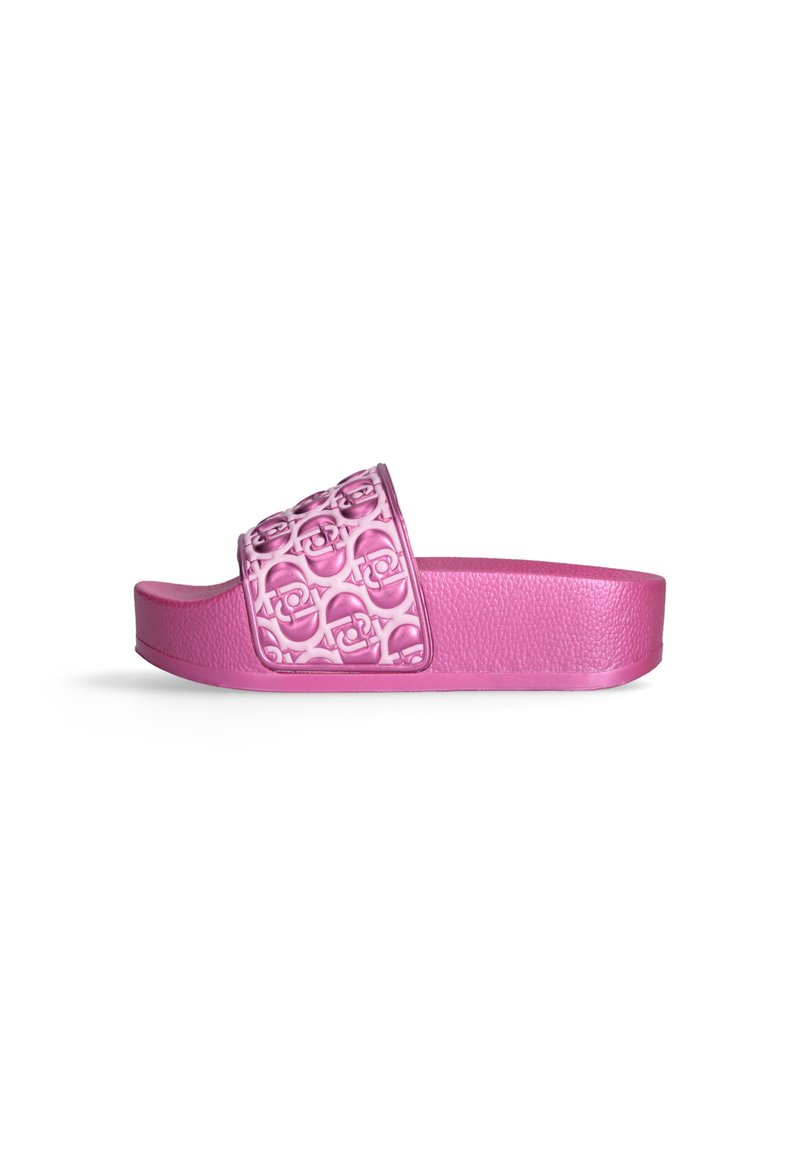 Pink slide sandals feature a textured strap with a raised pattern and a sturdy, slightly elevated footbed, all in a matching pink shade.