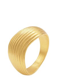 Anello d'oro con forma arrotondata e scanalature parallele texturizzate. Finitura liscia all'interno e superficie esterna opaca.