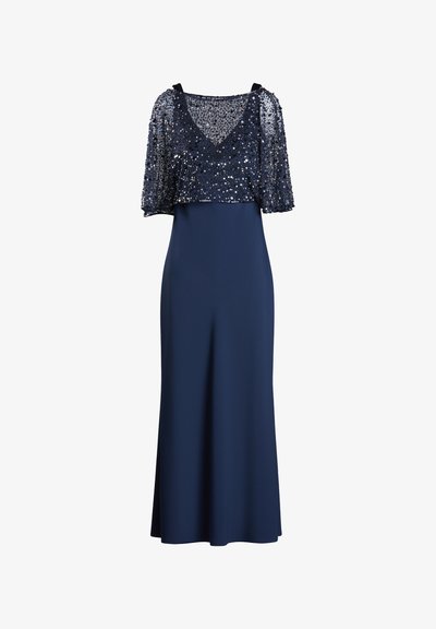Navyblaues Abendkleid mit einer überzogenen, transparenten Oberseite aus Pailletten und kurzen Ärmeln. Glatte Textur mit einer taillierten Silhouette und einem ausgestellten Rock.