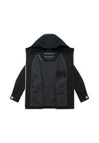 Geacă neagră cu glugă și fermoar bej, deschisă pentru a arăta căptușeala interioară netedă și buzunarul cu fermoar pe partea dreaptă a pieptului.