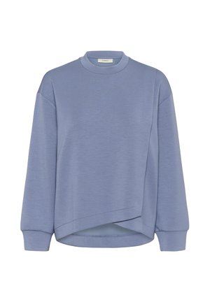 Felpa azzurra chiara con colletto alto, spalle scese e orlo corto. Realizzata in morbido tessuto testurizzato con un design semplice.