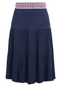 Marineblauwe gelaagde rok met een elastische tailleband en een patroonaccent. Gemaakt van zachte stof met een vloeiende silhouet.